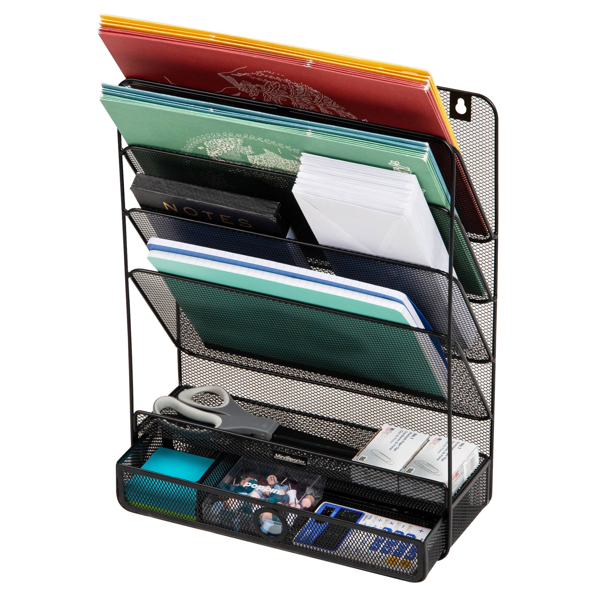 Mind Reader 4-Tier Vertical File Storage, Desktop Organizer, Wall Mount, Office, Metal Mesh, Black